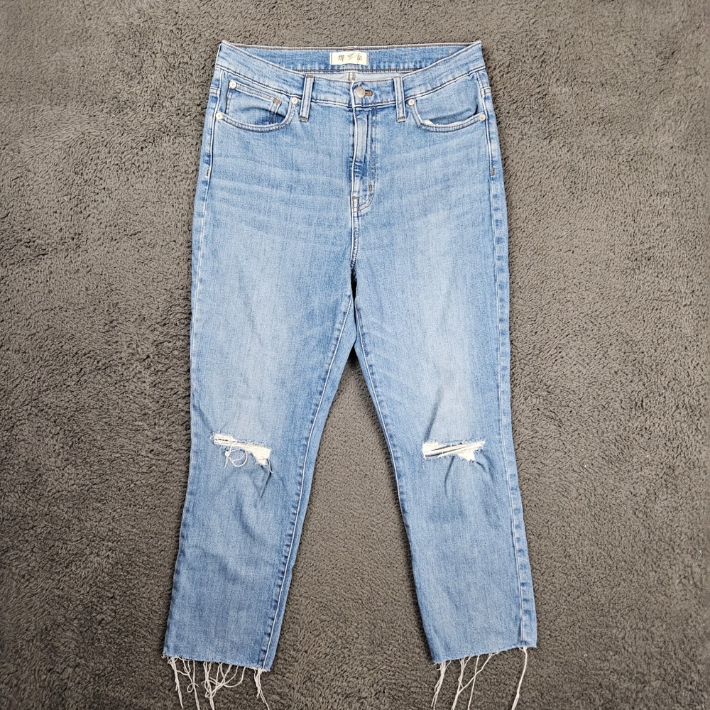Madewell 29 The High-Rise Slim Crop Boyjean Distressed Raw Hem Light Wash AJ235